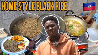 Haitian Food:Outdoor Cooking Black Rice With Fried Banana and Fried Chicken