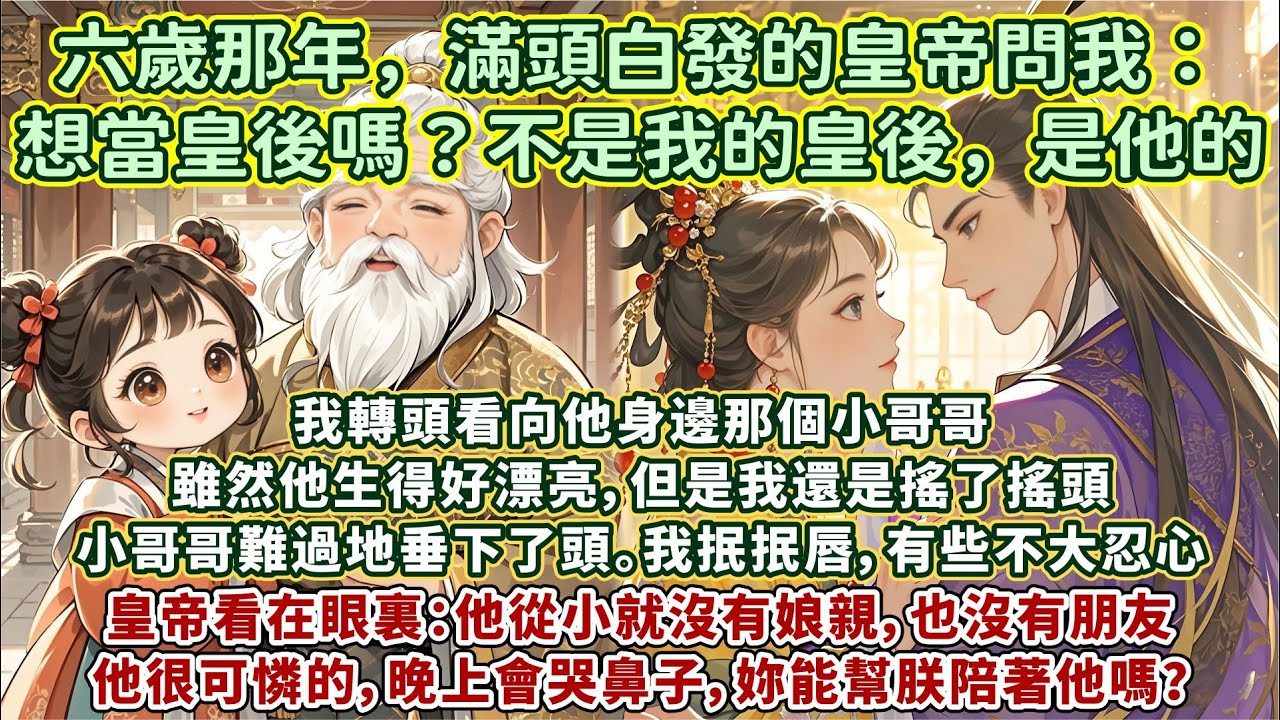 完結細膩平淡好哭文：六歲那年，滿頭白發的皇帝問我：好孩子，想當皇後嗎？我害怕地躲在我爹身後，腦袋搖得似撥浪鼓。皇帝笑著摸了摸我的頭：不是我的皇後，是他的。我轉頭看向他身邊那個他生得好漂亮的小哥哥……