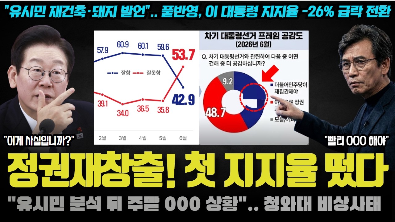 이재명 대통령 지지율 대폭락ㅠ 유시민 재건축·돼지 발언 풀반영하자 000에서 26% 급락한 이유