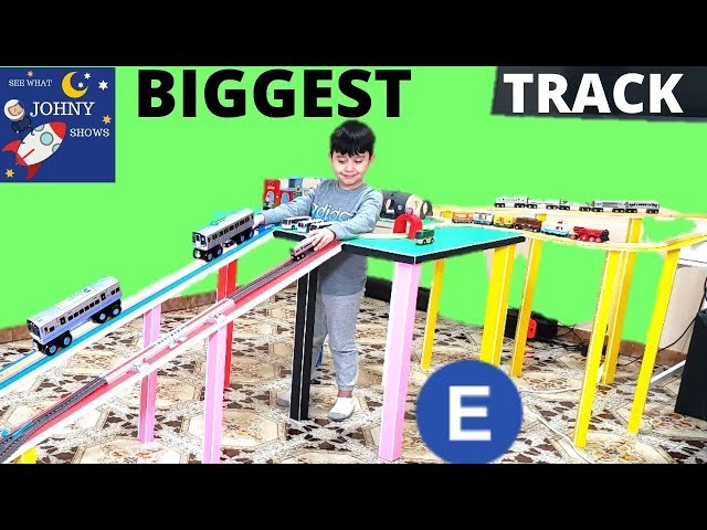 Johny Builds BIGGEST Wooden Track Layout For New Munipals MTA Subway Train Toys u0026 Trackmaster class=