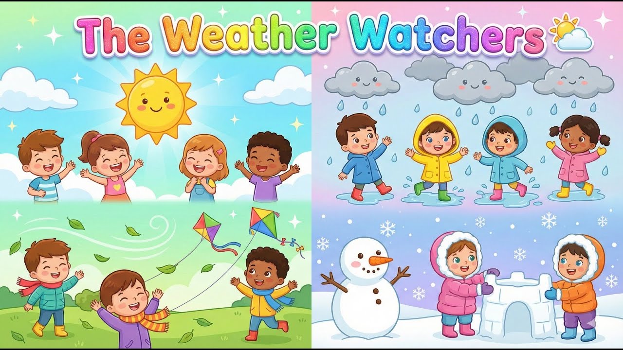 🌦️ The Weather Watchers | Kids Rhyme About Sun, Rain, Wind & Snow ☀️🌧️❄️ | Kiddoria TV