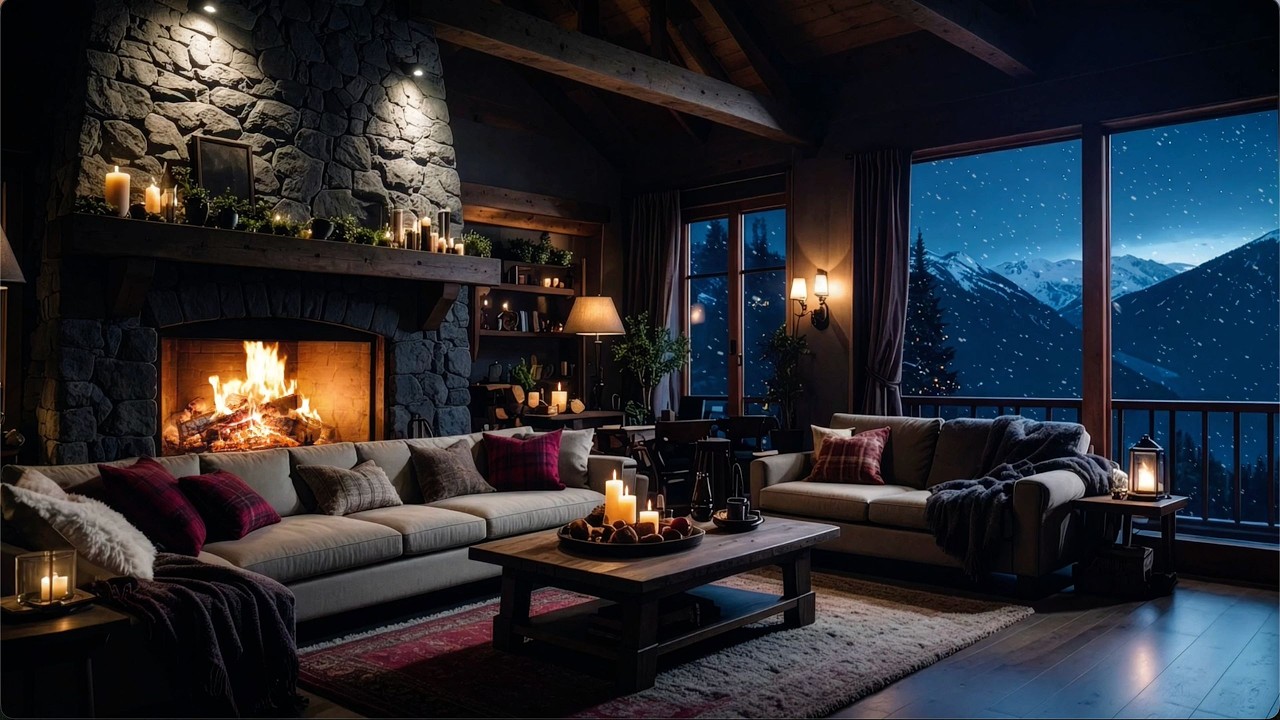 Cozy Fireplace Sounds 🔥 Snowy Cabin Views + Slow Jazz Piano for Work, Study, Readin