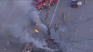 One dead after semi-truck catches fire on southbound I-805 in Mission Valley