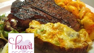 Dinner for two : T-bones Steaks, Loaded Twice Baked Potatoes, and Teriyaki Shrimp Salad.