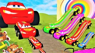 LONG CARS vs SPEEDBUMPS - Big \& Small: Mcqueen with Spinner Wheels vs Thomas Train and STAIRS COLOR