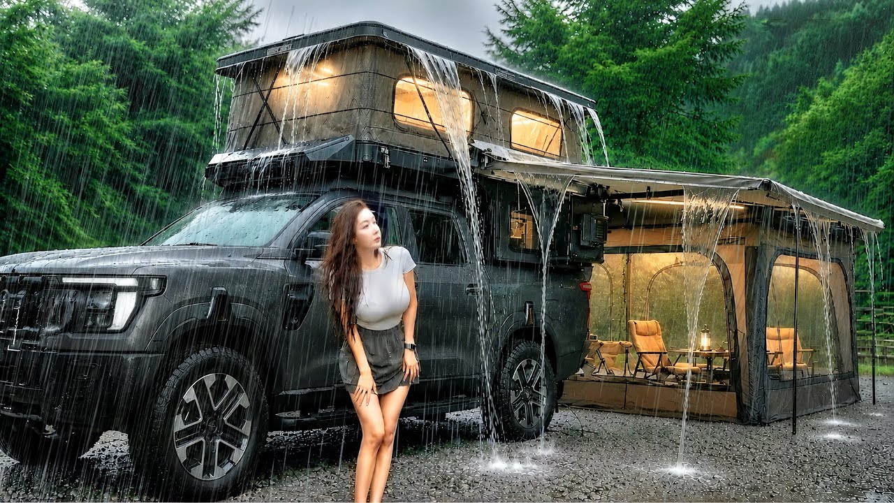 ⁣☔ CAMPING IN AN AUTOMATED POP-UP TENT TRUCK CAMPER VAN IN EXTREME HEAVY RAIN /  ASMR