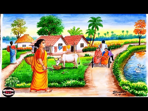 Indian Village Scenery Painting|Indian Village Scenery Drawing With Watercolor For Compitition
