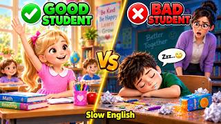 SLOW ENGLISH | GOOD STUDENT VS BAD STUDENT | Jony Fell Asleep in Class | Easy English Story A2 Level