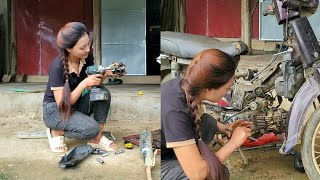 Genius girl repairs and maintains severely damaged motorbikes[Female mechanic]