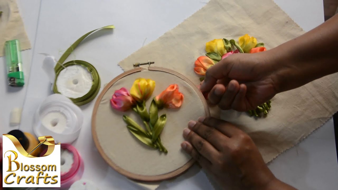 Ribbon Embroidery Tulip Flowers - රිබන් එම්බ්‍රොයිඩර් වලින් ලස්සන ටියුලිප් මල් පොකුරක් හදමු