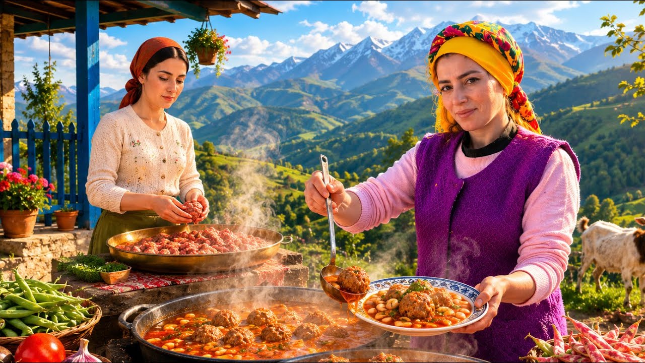Meatballs & Green Beans Stew, & Tandoor Fatir Bread | Rainy Day Village Cooking