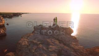 Aerial Young Man Surfer Holding Surf Vacation Beauty One Sunrise Summer Vacation