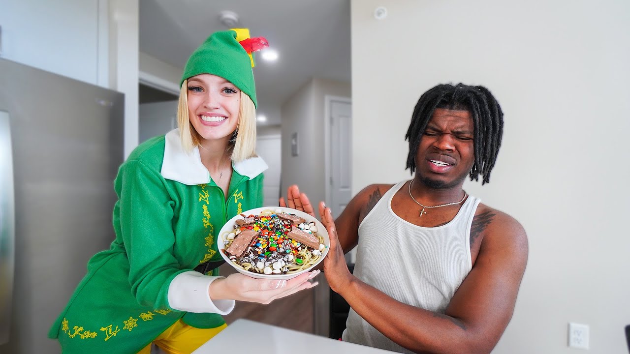 SERVING MY BOYFRIEND BUDDY THE ELF'S SPAGHETTI FOR BREAKFAST TO SEE HIS REACTION! | VLOGMAS DAY 5