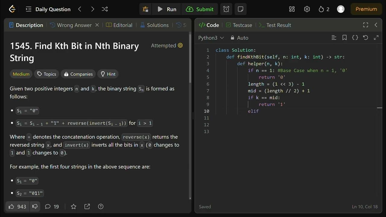 Find Kth Bit in Nth Binary String - Leetcode (Python) - YouTube