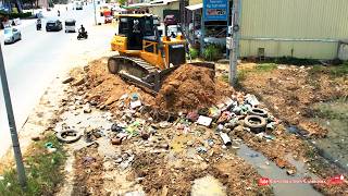 Best Action Shantui Bulldozer Pushing Soil & Dump Trucks Dumping Soil Filling Clearing Garbage Mud
