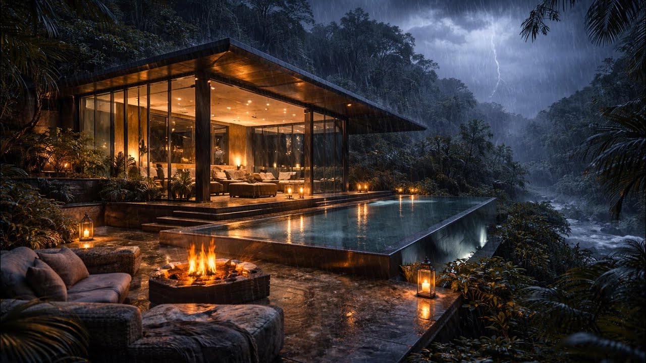 Sleep Fast with Jungle Rain Sounds 🌧️ Glass House Storm & Cozy Firepit Ambience (No Ads)