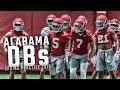 Nick Saban practices with Alabama defensive backs during Day 1 of spring practice