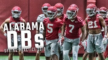 Nick Saban practices with Alabama defensive backs during Day 1 of spring practice