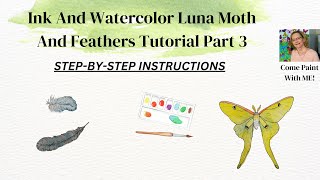 Ink and Watercolor Luna Moth and Feathers, Tutorial Part 3 OF 10, Step-by-Step Instructions