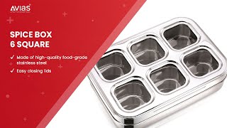 Avias 6 Square Spice Box (See Through Lid) | Best Stainless Steel Spice Box with Glass Lid in India