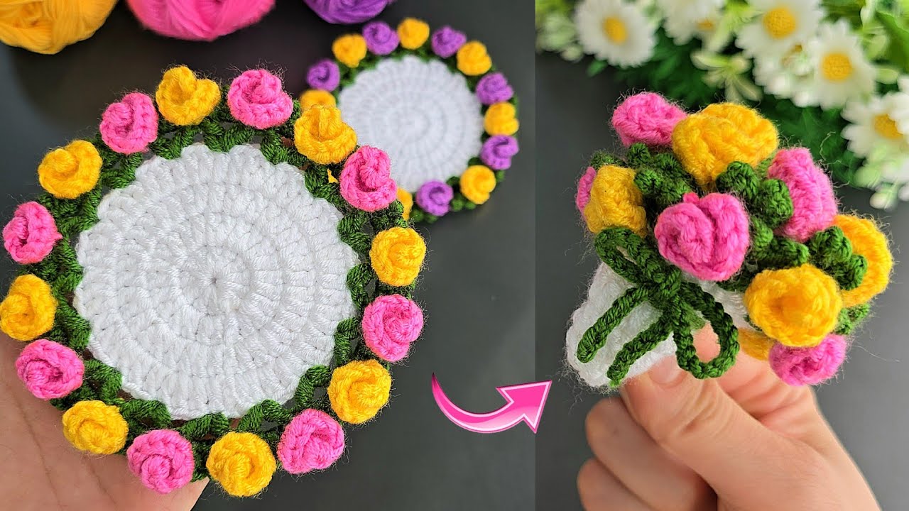 2 in 1👍 Get Ready to WOW with These Colorful Flower Coasters for Coffee Cups 💰Motif,Coaster,Flower.