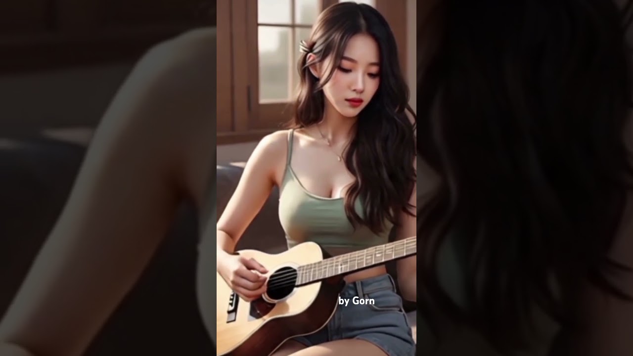 Cute girl playing guitar acoustic song 