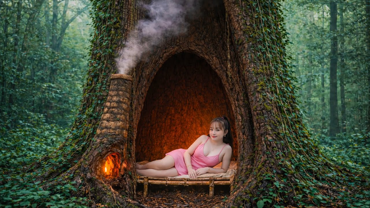 TIMELAPSE VIDEO: 7Days Solo Survival Challenge | Building a Hidden Tree Shelter with Vines