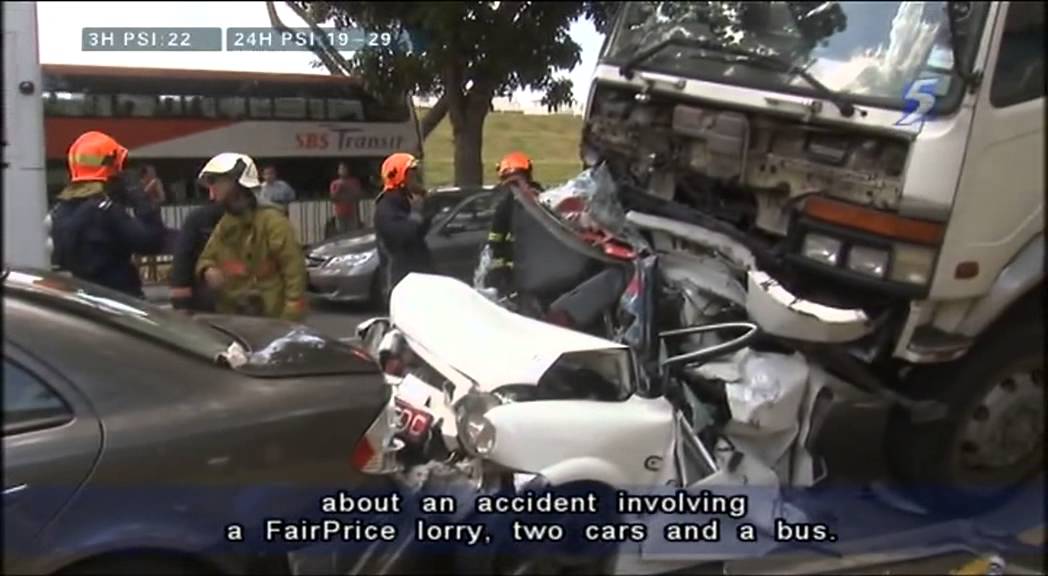 Perodua Kelisa & Merc sandwiched by NTUC truck and SBS bus 