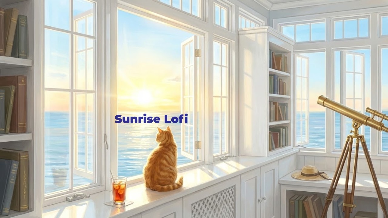 Sunrise at the Coastal Library 🌅 Light Academia Lofi | Ocean Waves, Cat & Morning Focus