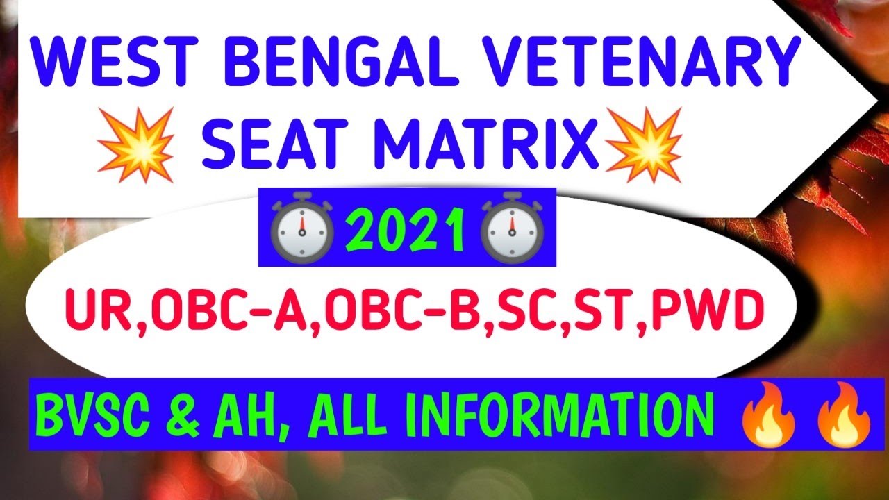 SEAT MATRIX OF VETENARY WEST BENGAL, BVSC & AH,2021 , ALL CATEGORY WISE, UR OBC-A OBC-B SC ST PWD