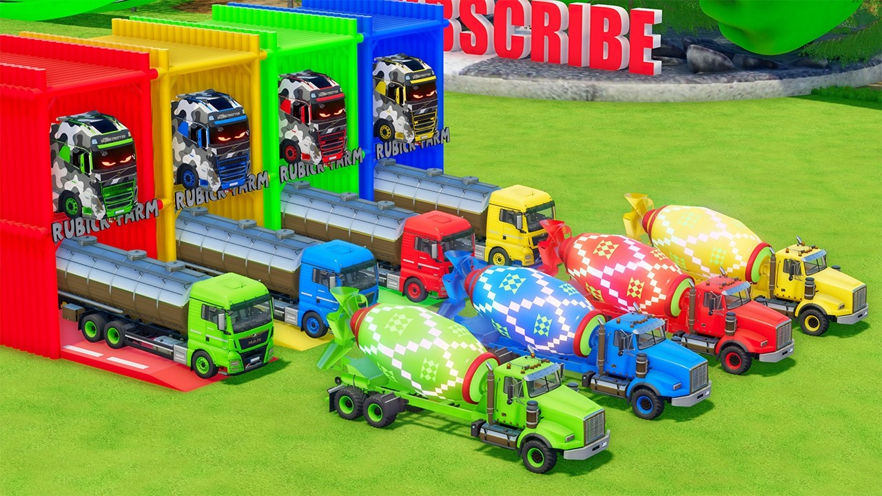 Garage with Colors - ALL MIXER TRUCK WITH DOUBLE FLATBED TRAILER TRUCK, VOLVO, MAN, LIZARD - FS22