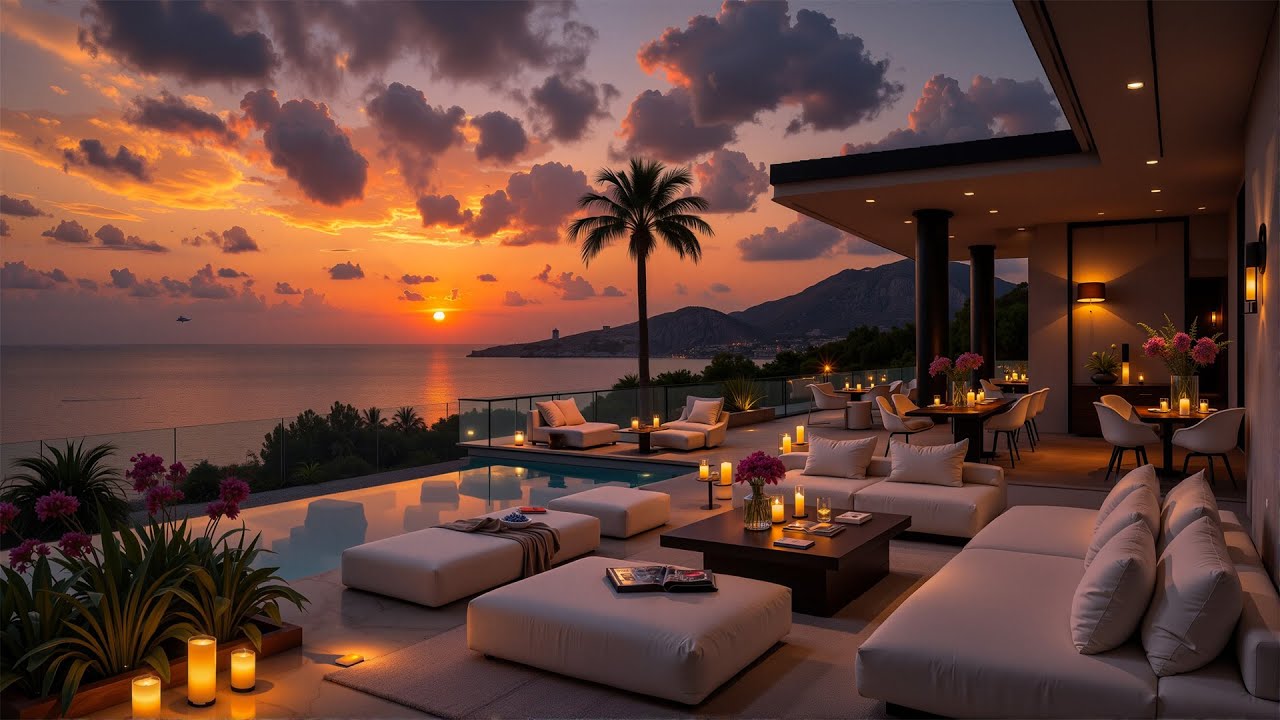 Luxury Apartment Sunset View by the Ocean | Calm Piano Jazz Music & Sea Sounds for Great Mood