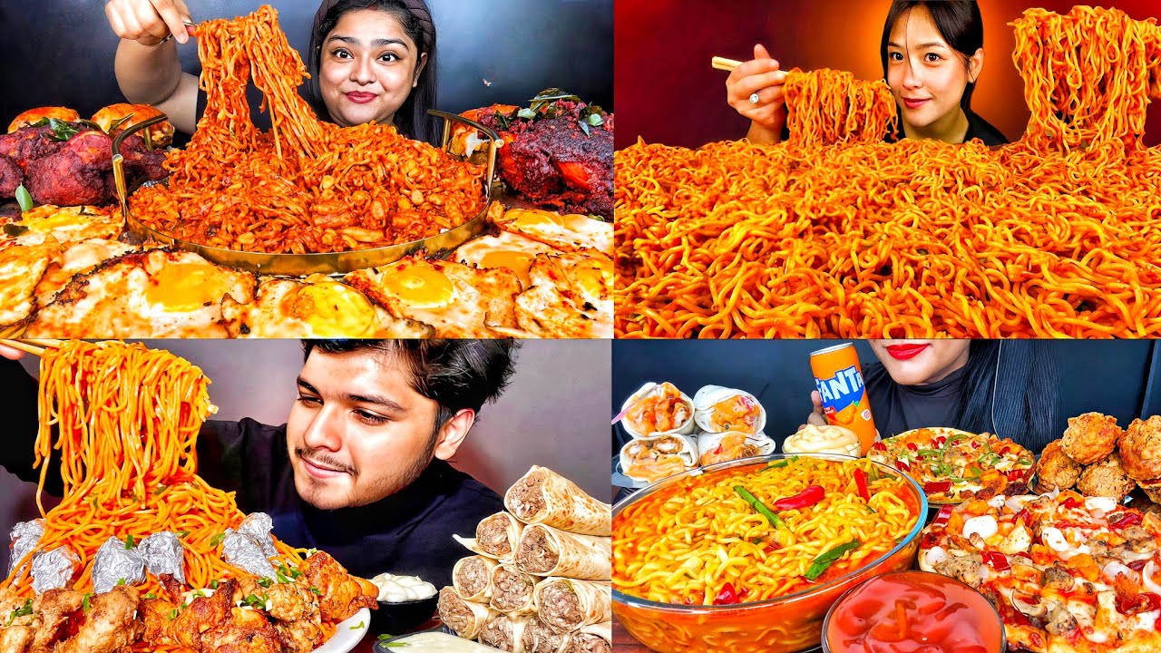 EATING SPICY NOODLES DOMINOS PIZZA CHICKEN SCHEZWAN NOODLES NUCLEAR NOODLES EATING FOOD VIDEOS 