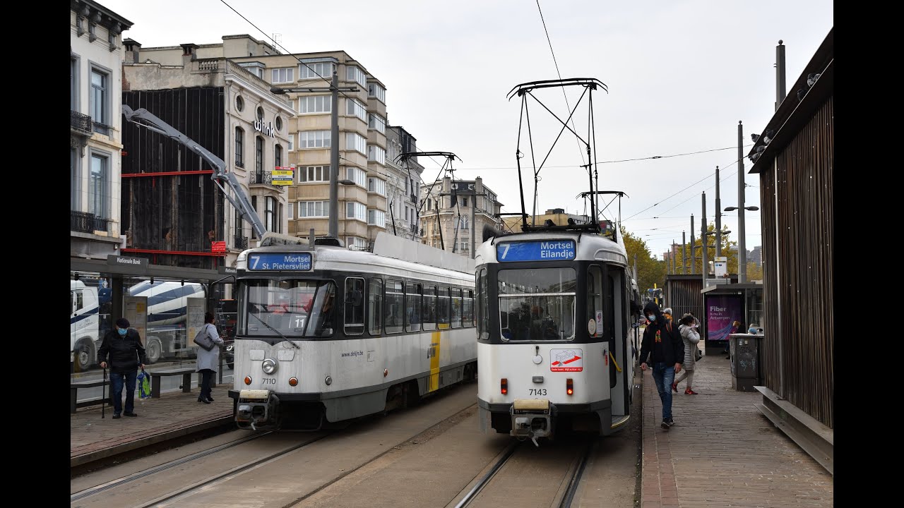 Pcc trams, Hermelijn trams and Bombardier Flexity 2 Albatros De Lijn at Nationale Bank, Antwerp