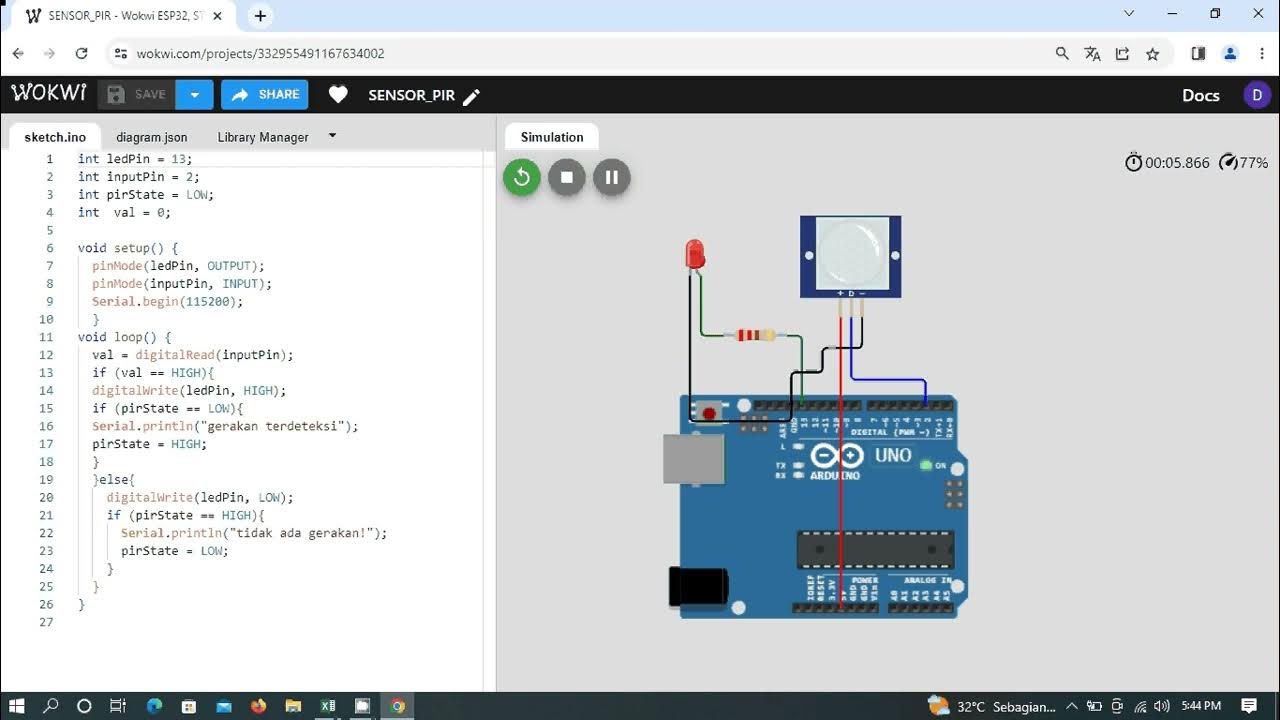 BELAJAR SENSOR PIR DENGAN WOKWI BOARD UNO - YouTube
