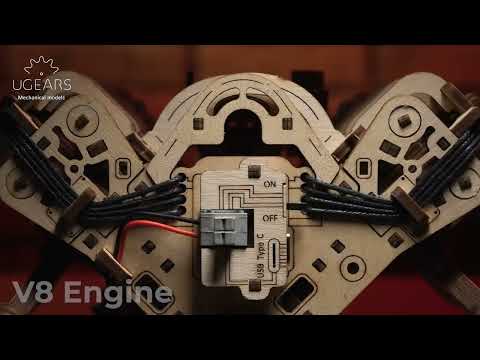 Дерев'яний 3D конструктор Двигун V8, 776 деталей, розмір моделі 16,1x12,1x15 см, видео 1