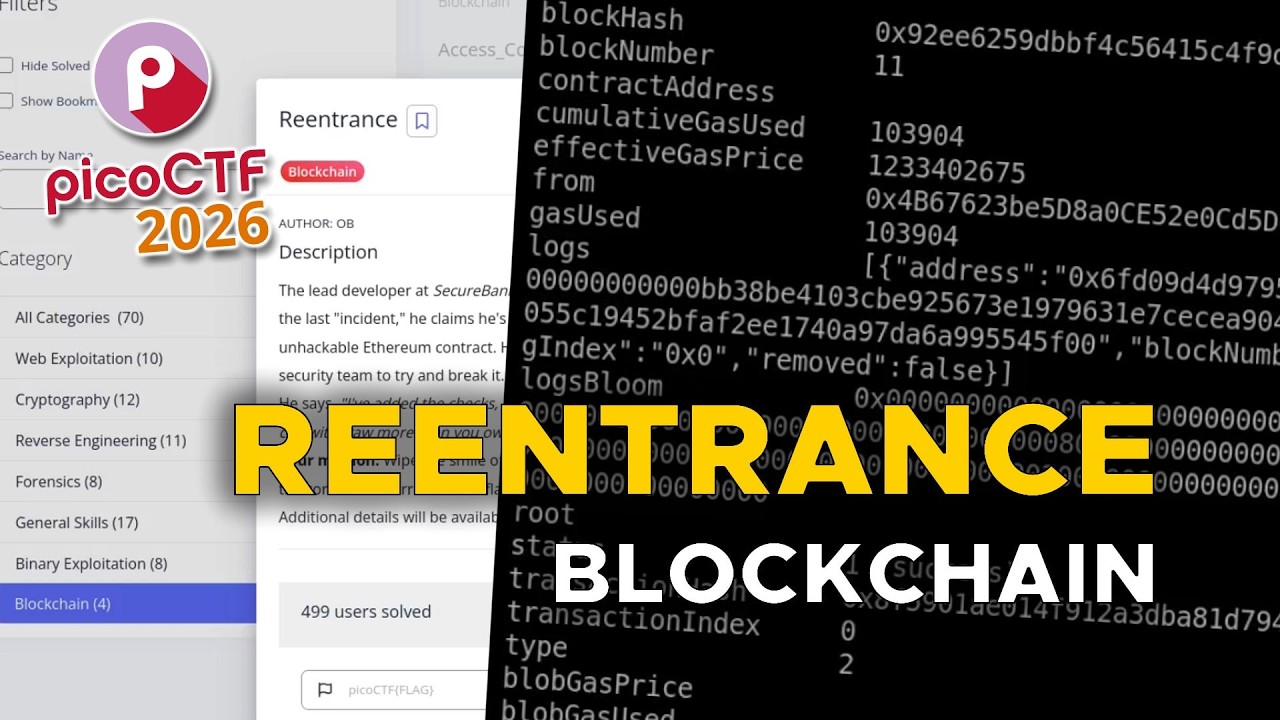 picoCTF 2026 capture the flag competition: Reentrance challenge in Blockchain category - full solve walkthrough. Our first exploit attempts crash the server hard, so we add safeguards to the smart contract and complete the challenge.

Subscribe to my channel: https://www.youtube.com/@CatHomeLab?sub_confirmation=1

My Blog: https://catalinionescu.com
Github: https://github.com/drheat

________________

#ctf #picoctf #cybersecurity #homelab #capturetheflag #pentesting #virtualization #networking #ethicalhacking

________________

What this channel is about:
Exploring cybersecurity through hands-on home lab setups, CTF walkthroughs, and insights into pen-testing, virtualization and networking, making ethical hacking accessible and engaging for enthusiasts at every skill level.
________________

Affiliate Disclaimer: This video is NOT sponsored. Some product links are affiliate links which means if you buy something I will receive a small commission.