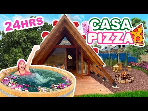 🏡VIVIENDO 24 HORAS en UNA CASA PIZZA🍕¡CABAÑA TRIANGULAR CON ALBERCA-BARRIL!💦🌸| RENTANDO CASITAS🛖