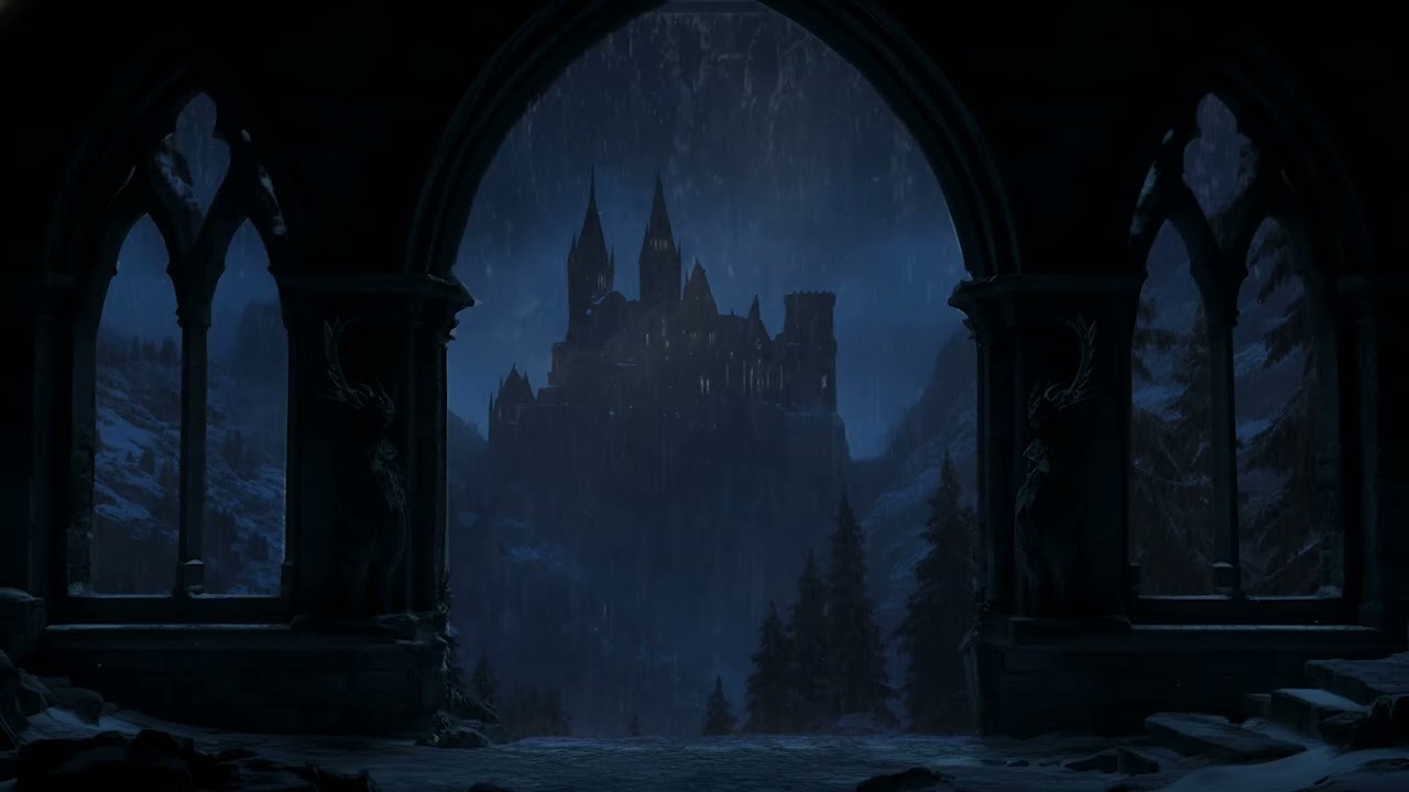 Rainstorm at Hogwarts Castle Window  🌧️ Cozy Rain Sounds | Magical Ambience for Sleep, Study & Relax