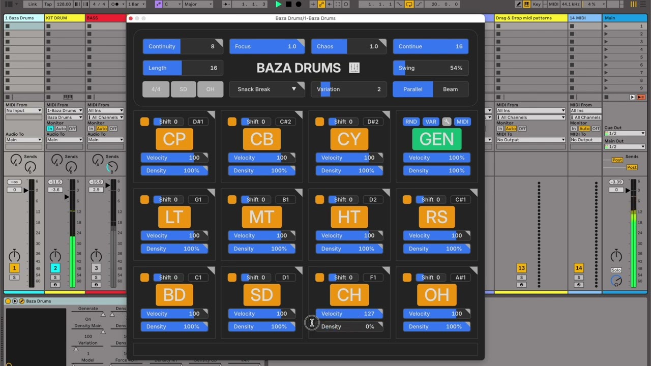 Baza Drums AI midi pattern generator plugin - 4. Instrument Controls