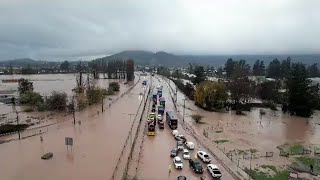 Este dron captó las graves inundaciones en San Fernando tras el desborde del río Tinguiririca