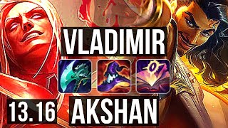 VLADIMIR vs AKSHAN (MID) | 10/0/3, 3.2M mastery, 1700+ games, Legendary | EUW Grandmaster | 13.16