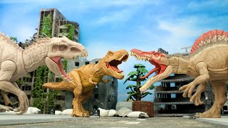 Indominus Rex and TRex Vs Spinosarus  Battle of giant dinosaurs with an army of evil soldiers