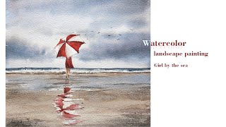 Atmospherie watercolor seascape painting, girl by the sea.