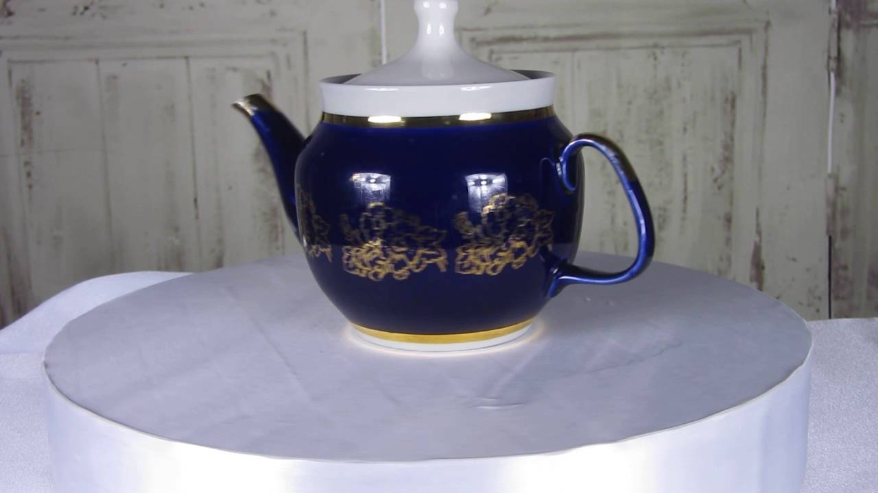 Unique Blue with Gold ornament tea pot, Ceramic tea pot, vintage blue pottery tea pot