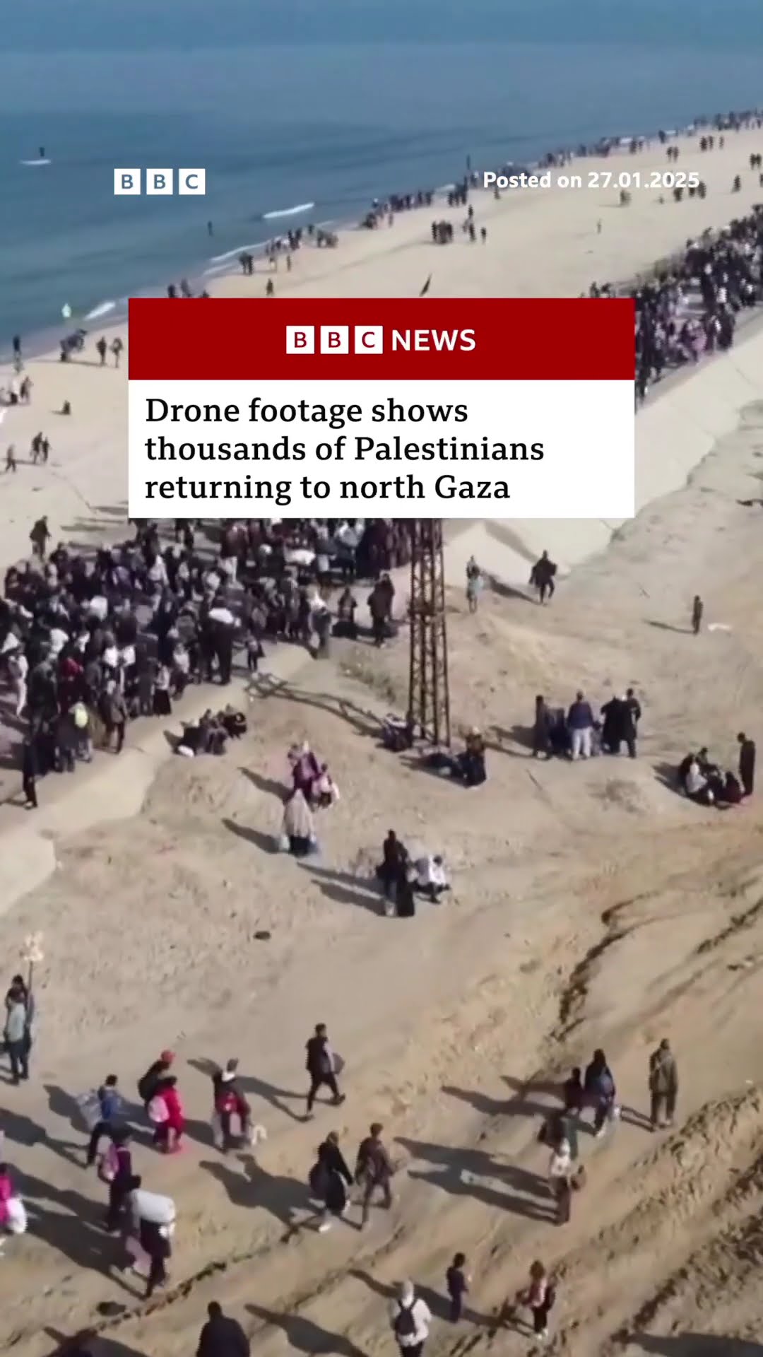 Thousands of Palestinians walk along the coastal road in Gaza as they return north. #BBCNews