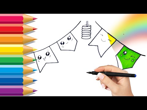 Como desenhar e colorir BANDEIRINHAS DE FESTA JUNINA muito fofas🔷Desenhos fáceis e fofos