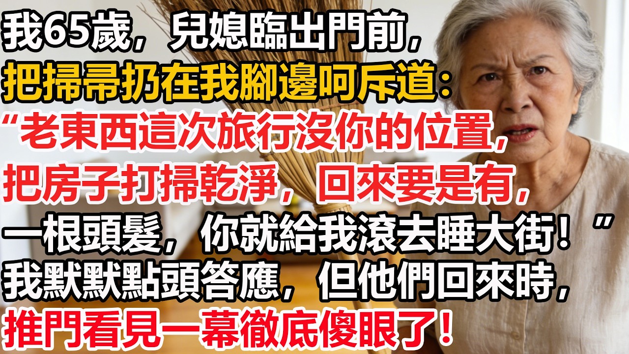 我65歲，兒媳臨出門前，把掃帚扔在我腳邊呵斥道：“老東西這次旅行沒你的位置，把房子打掃乾淨，回來要是有，一根頭髮，你就給我滾去睡大街！”我默默點頭答應，但他們回來時，推門看見一幕徹底傻眼了！