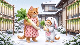 Mama Cat and Ginger Kitten Make Takuan During a Cozy Japanese Winter ❄️🐱🥕🍵