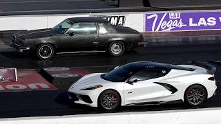 White 2020+ Chevy Corvette Vs 1980's Oldsmobile Cutlass Supreme Drag Race 4K UHD LS Fest